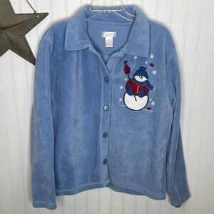 Blue Fleece Grandma Core Jacket with Snowman Embroidery Large